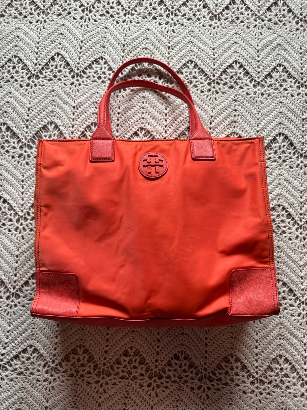 Tory Burch Ella Nylon Tote Bag Vibrant Orange with Leather Trim Everyday Bag